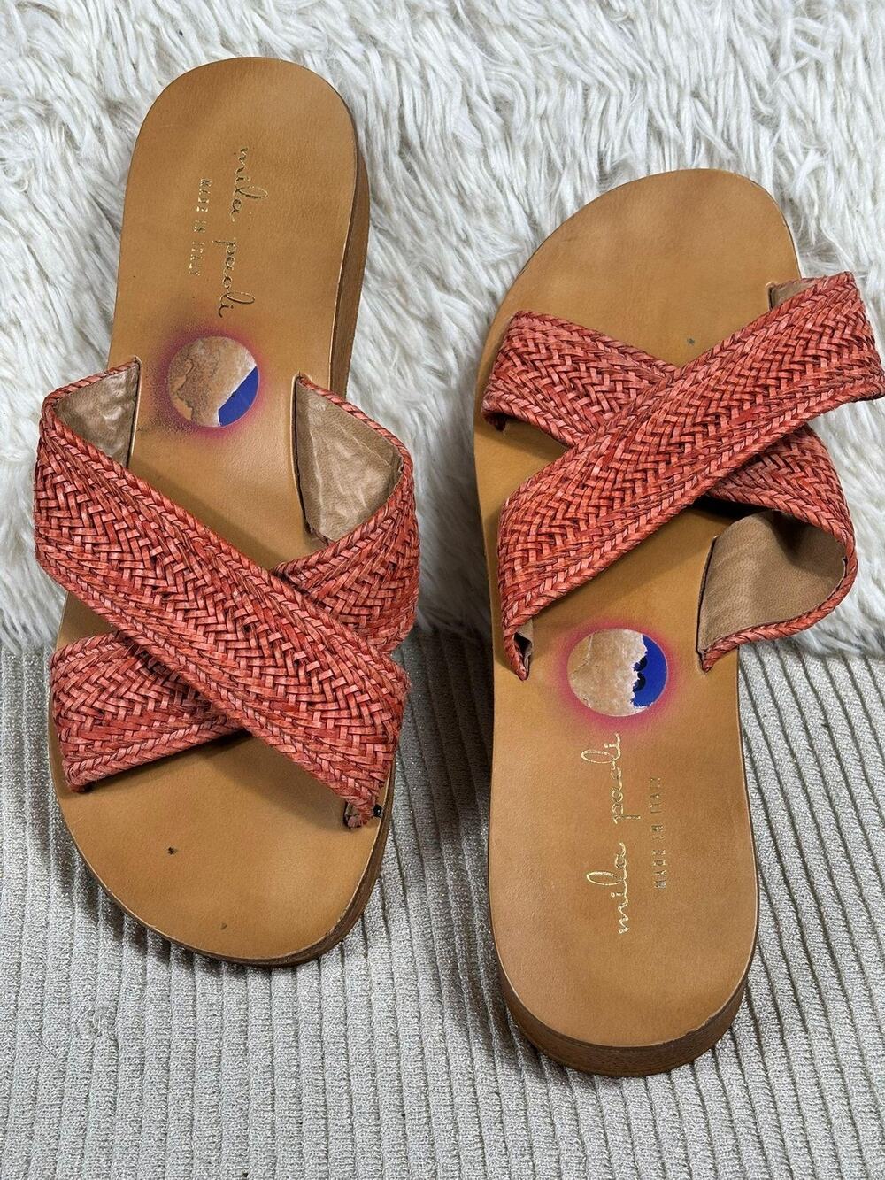Mila Paoli Slide Sandals Womens Size 7 Tan Red Woven Platform Made In Italy